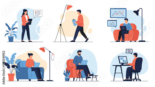 Set of diverse people working from home and office using laptops and computers in different professional environments.