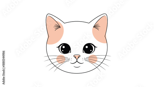 Cute white cat head illustration with pink ears and cheeks, big black eyes, and long whiskers on white background.