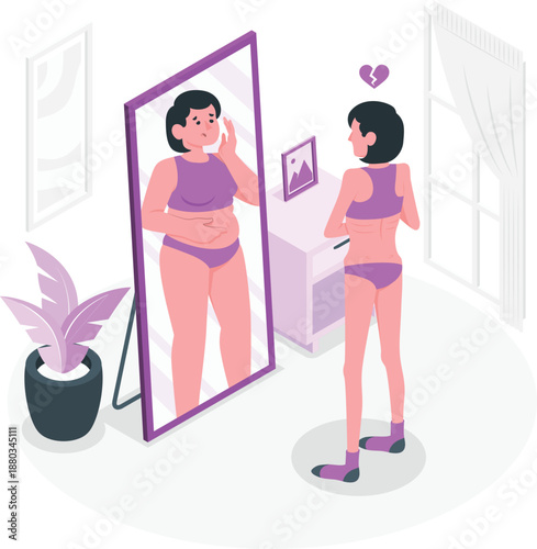 Woman admiring herself in a bedroom mirror with a thoughtful expression and a heart symbol above her head