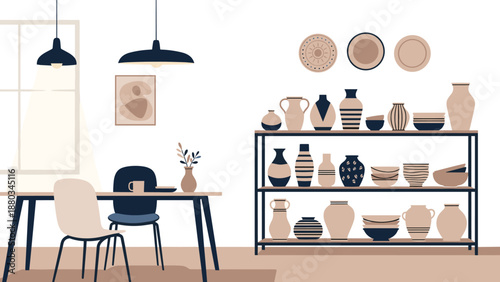 Interior of a pottery studio or ceramic shop with many unique handmade vases and bowls displayed on wooden shelves.