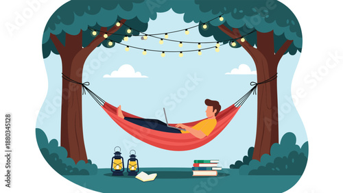 Man relaxing in a red hammock between two trees while working on his laptop in a peaceful outdoor setting at night.