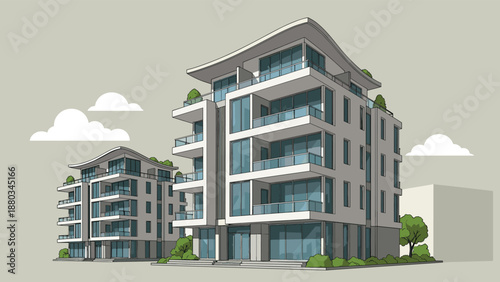 Modern apartment buildings with large windows, balconies and green rooftop gardens against a clear blue sky with clouds.