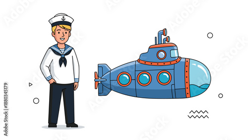 Friendly sailor in a classic white and blue uniform standing next to a large blue submarine in a minimalist setting.