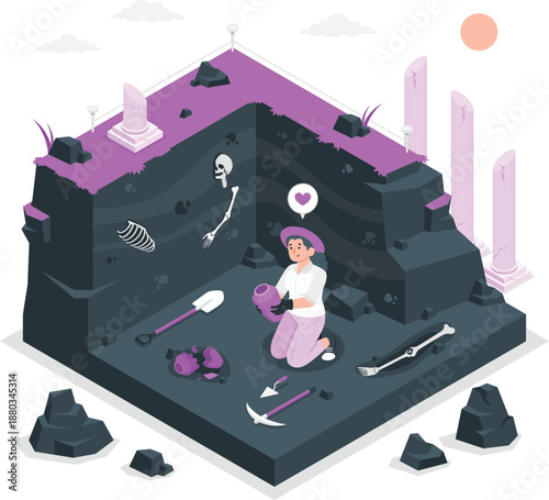 Archaeologist examining ancient remains in a deep excavation site with tools and fossils