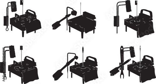 Black and white illustrations of various workshop tool sets