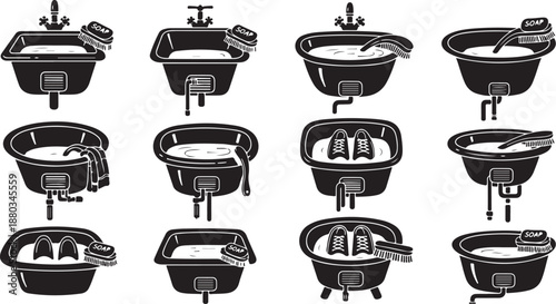 Various Black and White Bathtubs with Faucets and Accessories
