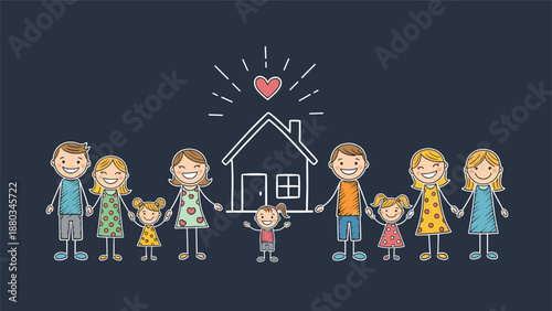 Childlike drawing of a large happy family with many children standing in front of their home under a red heart.