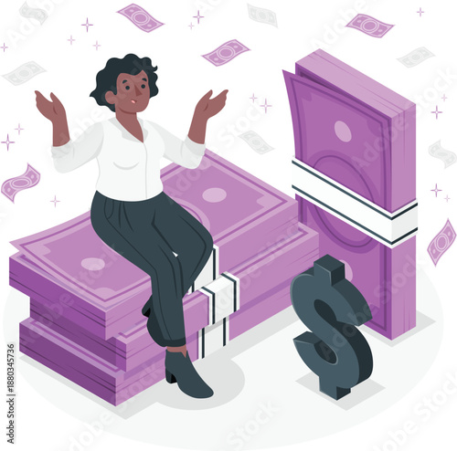 Woman sitting on stacks of money surrounded by floating cash and a giant dollar sign