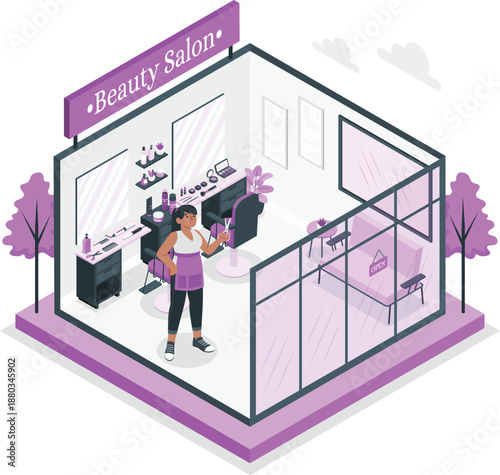 A stylist is cutting hair for a client inside a modern beauty salon with glass walls and a sleek interior