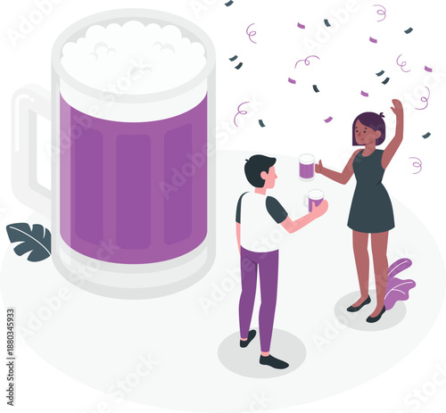 A man and woman toasting with drinks amidst confetti and a giant purple beer mug illustration
