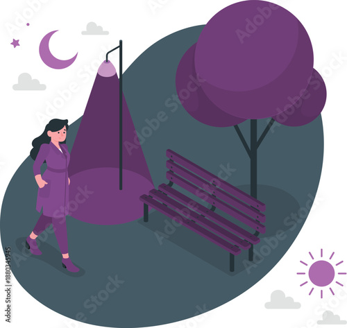 Woman walking alone in a serene park scene under moonlight with a bench and trees nearby