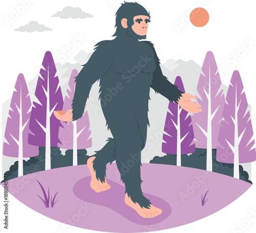 Illustration of a mysterious creature walking in a forest with trees and a sunrise