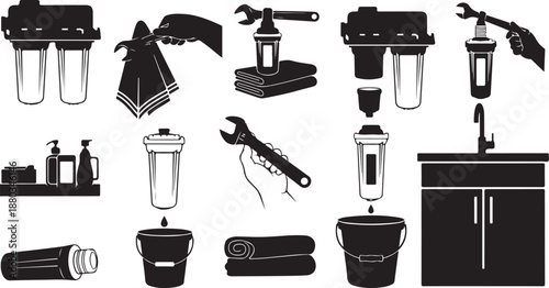Black and white illustration of various water filter systems