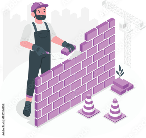 Construction worker building a brick wall with tools and cones nearby in an urban setting