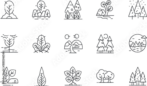 Print  Minimalist Mountain and Forest Landscape Line Icon Set with Scenic Nature and Wilderness Symbols