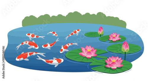 Serene pond landscape with vibrant koi fish and blooming water lilies in a peaceful garden scene