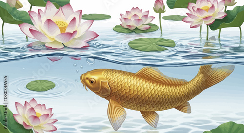 Beautiful golden koi fish swimming amidst pink water lilies and green lily pads in a tranquil pond