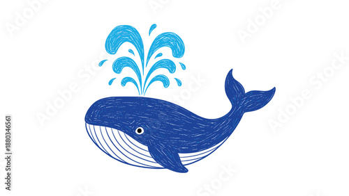 Artistic blue whale illustration with water spouting from its blowhole, drawn in a textured and sketchy style.