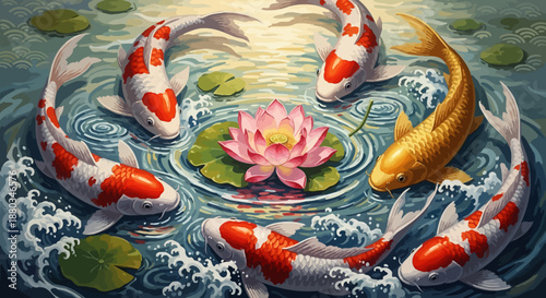 Beautiful koi fish swimming in a pond with a blooming pink lotus flower amidst water lilies and