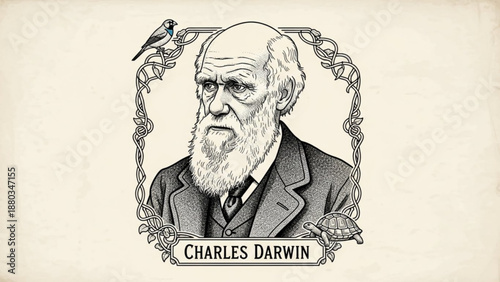 Vintage black and white illustration of charles darwin surrounded