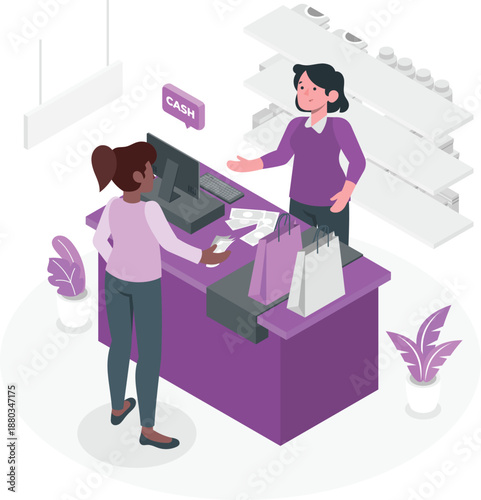 Customer making a purchase at a retail checkout counter with a cashier in a modern store environment from a slightly elevated viewpoint