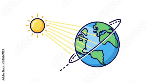 Rocket ship orbiting earth with sunbeams in simple illustration style