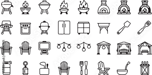 A Collection of Black and White Line Art Icons Representing Outdoor Living and Cooking Essentials