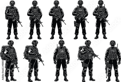 Armed soldier tactical silhouette collection, military special forces poses, combat equipment uniforms weapons, security defense illustration set isolated