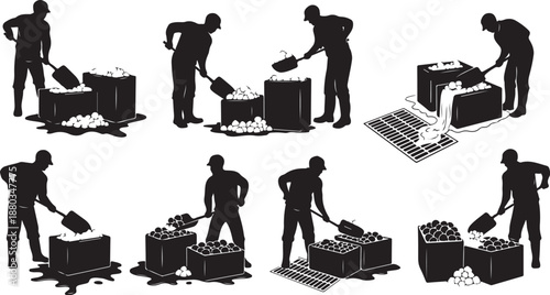 Silhouette of a man working with boxes and materials