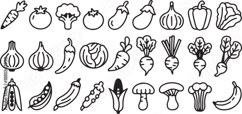 A comprehensive set of thirty black and white line art vegetable and fruit icons, perfect for healthy eating designs and nutritional content illustrations