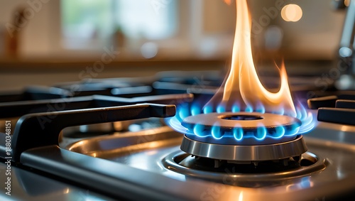 Close-up gas stove burner with blue flame and orange tips in modern kitchen, showcasing clean minimal design, realistic lighting, shallow depth of field, premium photography