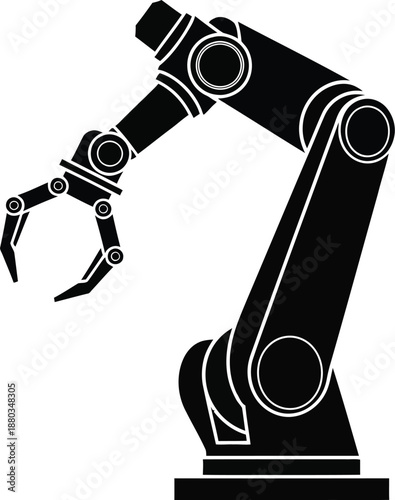 Black silhouette of an industrial robotic arm with a gripping claw extended, ready for automated manufacturing tasks in a modern technological setting