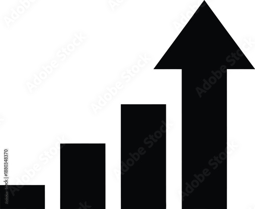 Simple black and white icon depicting a business growth chart with an upward trending bar graph symbolizing increasing performance or positive statistical development over time