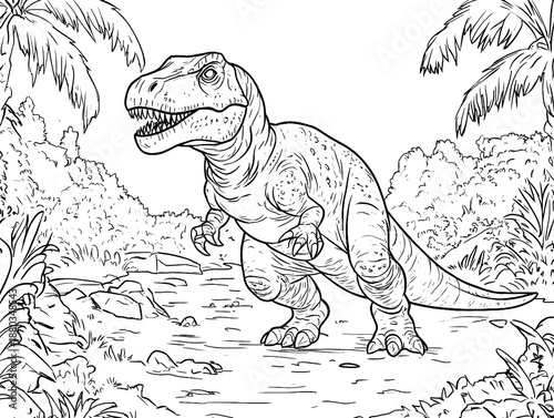Albertossaurus Carnivorous Dinosaur Coloring Page Line Art Illustration in Prehistoric Forest Scene
