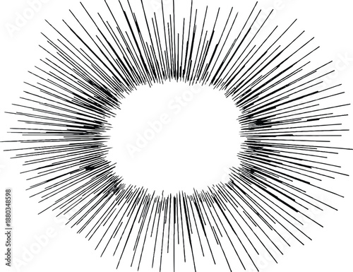 Dynamic black lines radiating outward from a central white circle, creating an abstract sunburst effect. 