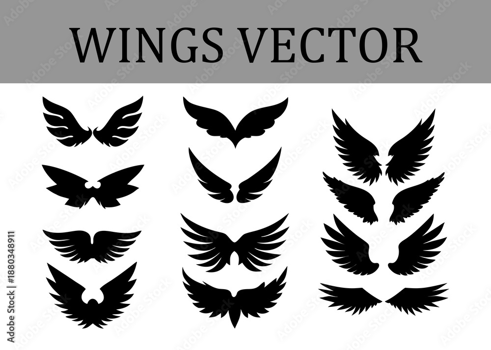 Obraz premium Variety of Black Wing Silhouettes in Diverse Styles and Sizes Presented in Three Columns on a White Background with a Grey Header Text WINGS