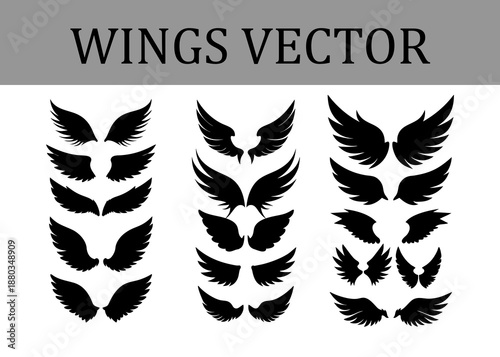 Collection of diverse black silhouette wing in various sizes and styles arranged in three columns on a white background representing different for and symbols