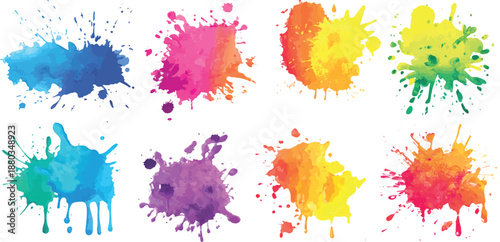 Collection of vibrant watercolor paint splashes and ink blots in different colors for artistic design. A vibrant collection of colorful paint splatters and abstract ink splashes on white background. 