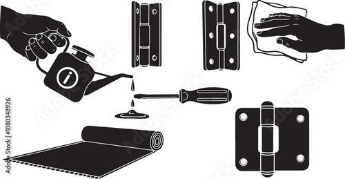 Silhouette of person installing door hinge with tools