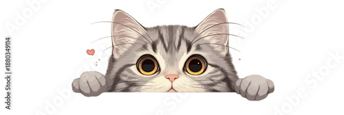 白い背景から可愛らしい縞模様の子猫が大きな瞳でこちらを覗き込んでいる、透明感のあるイラストレーション。