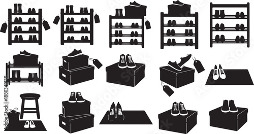 Black and white shoe storage and display illustrations set