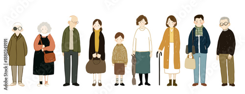 白い背景に立つ、子供から高齢者まで様々な世代の男女が描かれた、温かみのある手描き風の多世代家族イラストレーション。