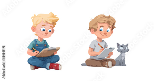 二人の少年が鉛筆とクリップボードを使って絵を描き、一人は猫を傍らに置いて集中して創作活動に没頭する、子供たちの創造性と学習の喜びを表現したイラストレーション。