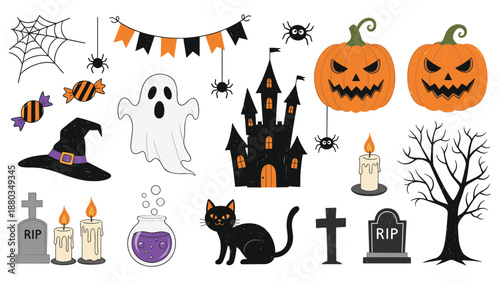 Festive collection of Halloween-themed icons includes spooky pumpkins, a haunted castle, a ghost, a black cat, and holiday treats.