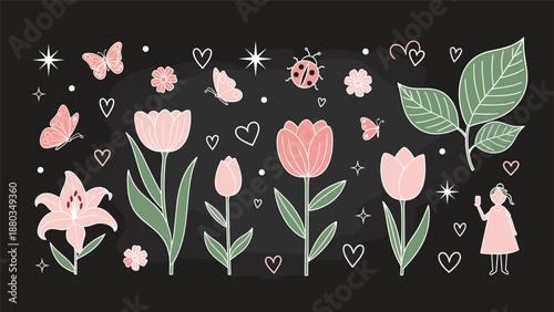 Beautiful chalkboard-style illustrations feature pink tulips, lilies, fluttering butterflies, green leaves, and a young girl among hearts and stars.