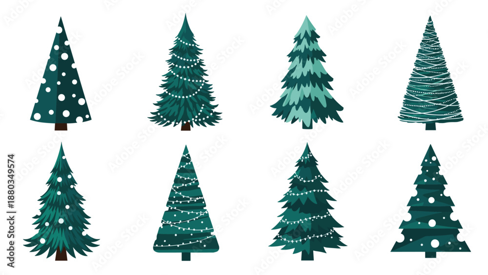 Obraz premium Set of eight stylized Christmas trees with various decorations like snow and lights for holiday greetings and seasonal design.