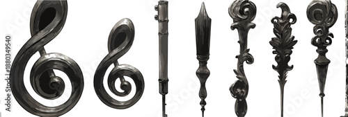 白い背景に分離された、様々なデザインの装飾的な鉄柵の要素とト音記号のオーナメントが並び、建築やデザインプロジェクト向けの透明背景素材として活用できる画像。