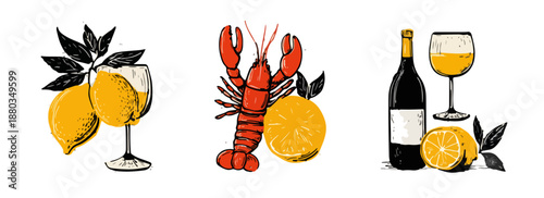 手描きのレモン、ロブスター、ワインボトル、オレンジのイラストセット。切り抜き可能なデザイン素材として、夏の食事やパーティー、飲食店のメニューなどに最適です。
