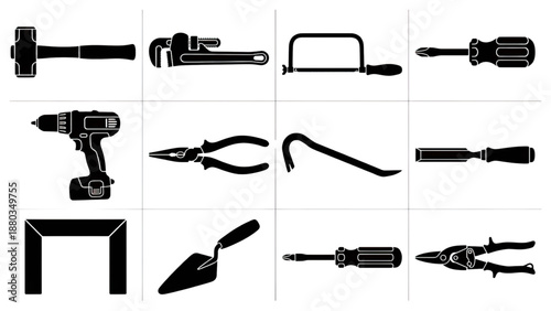Collection of Black Hand Tools Icons. Hammer, Wrench, Screwdriver, Drill, Pliers, Crowbar, Chisel, Stapler, Trowel, Snips. Isolated Vector Illustration.