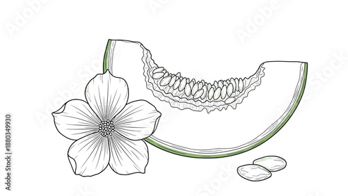 Classic black and white engraving of a sliced melon with seeds accompanied by its flower and two loose seeds on white.